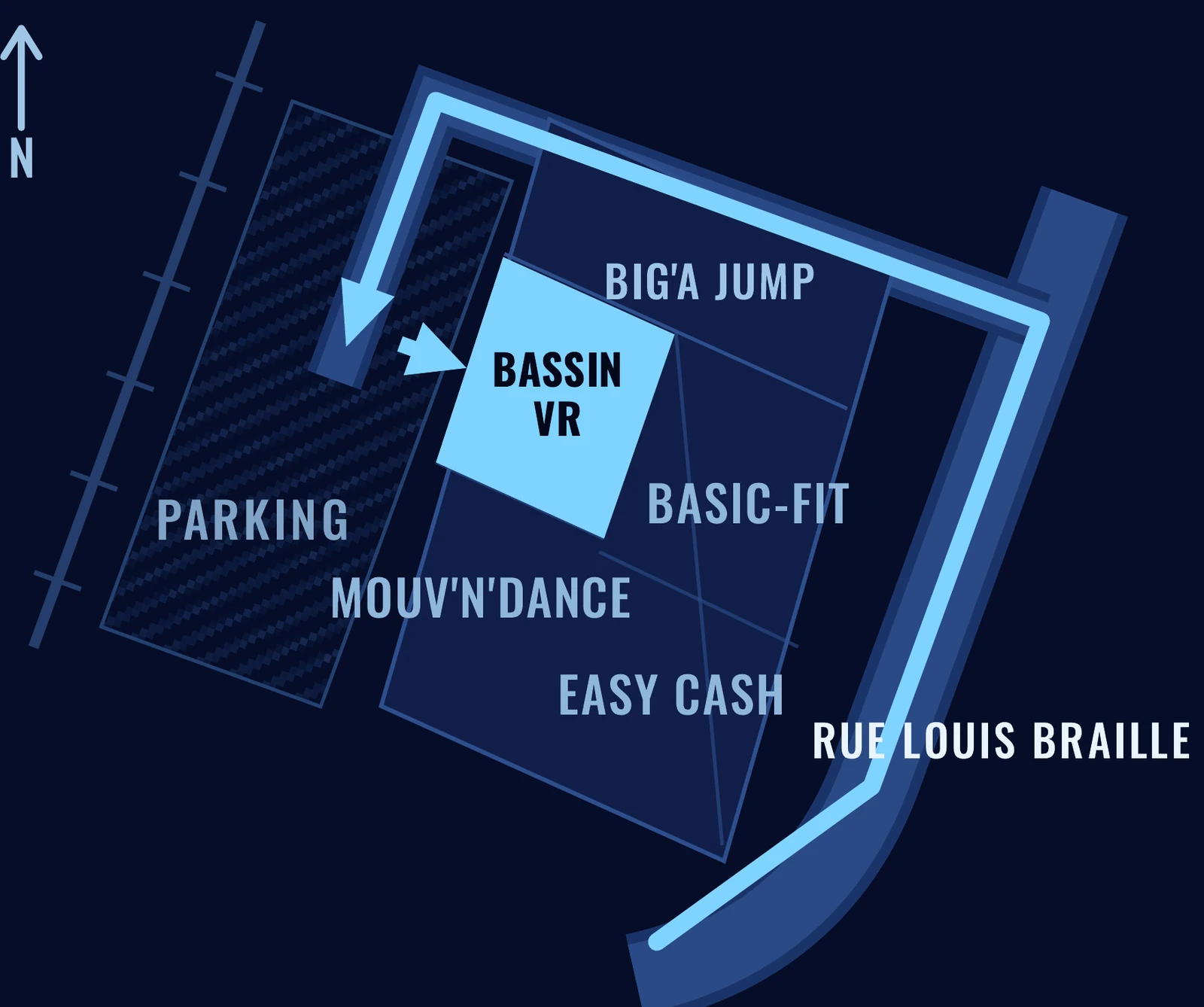 Plan d'accès à BassinVR, rue Louis Braille à Biganos, derrière la zone commerciale : le parking, Big'A Jump, Basic-Fit, Mouv'n'Dance et Easy Cash