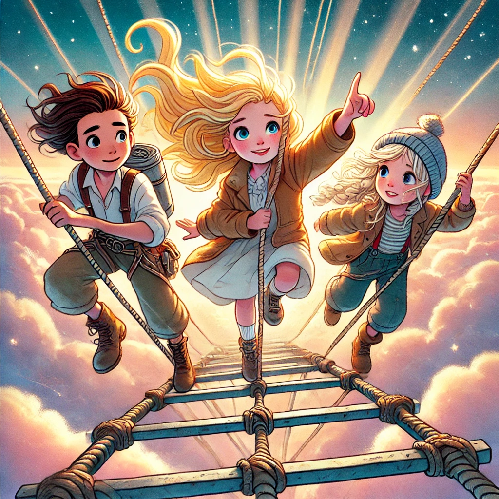 Trois enfants sur un pont de cordes, entre les nuages, guides par une jeune heroine